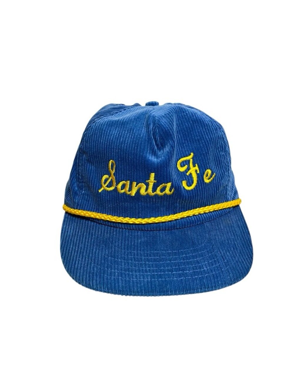 Vintage Santa Fe Corduroy Strapback Trucker Cap Hat Yellow Script Blue